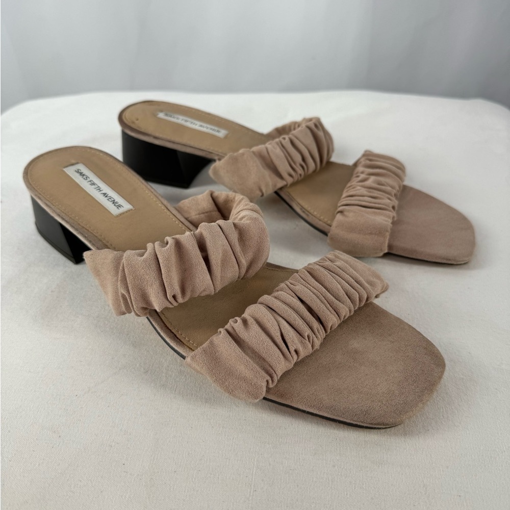 Saks Fifth Avenue‎ Suede Elastic Strap Square Toe Heeled Sandal in Nude Size 10